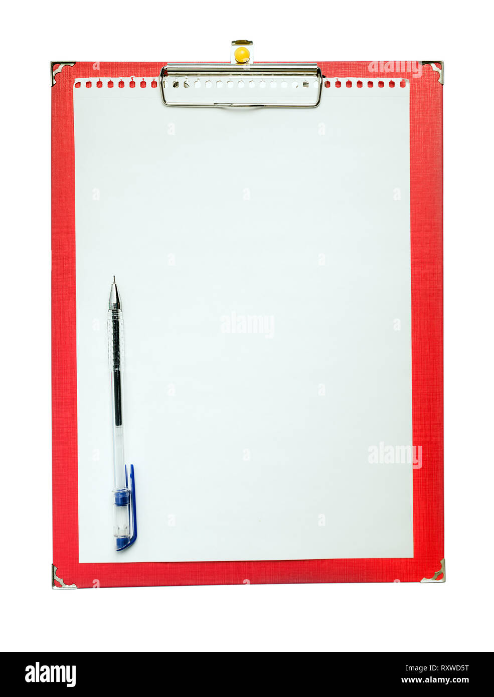 Red Zwischenablage mit A4 Office Papier Vorlage auf weißem Hintergrund Stockfoto
