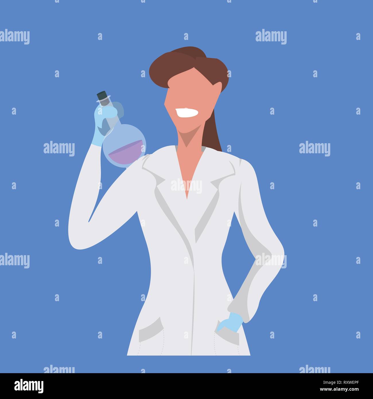 Wissenschaftlerin holding Reagenzglas Frau, Labor, Techniker, weiße Uniform medizinischer Arbeiter professionelle Besetzung Konzept blauer Hintergrund, flach Stock Vektor