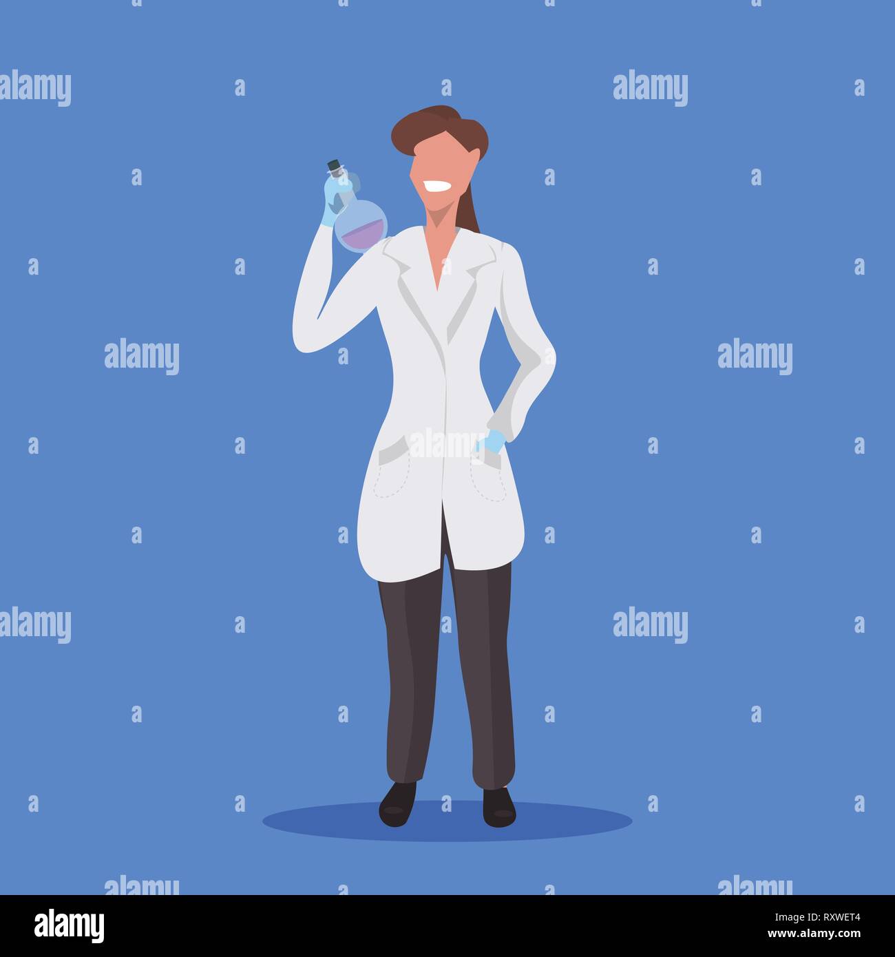 Wissenschaftlerin holding Reagenzglas Frau, Labor, Techniker, weiße Uniform medizinischer Arbeiter professionelle Besetzung Konzept blauer Hintergrund, flach Stock Vektor