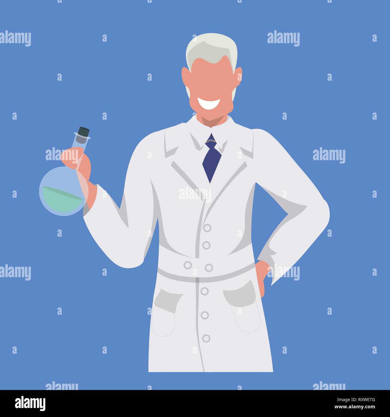 Männliche Wissenschaftler Reagenzglas mann Labortechniker in weiße Uniform medizinischer Arbeiter professionelle Besetzung Konzept blauer Hintergrund, flach Stock Vektor