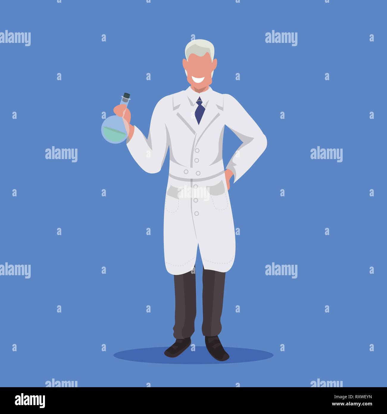 Männliche Wissenschaftler Reagenzglas mann Labortechniker in weiße Uniform medizinischer Arbeiter professionelle Besetzung Konzept blauen Hintergrund Flachbild voll Stock Vektor