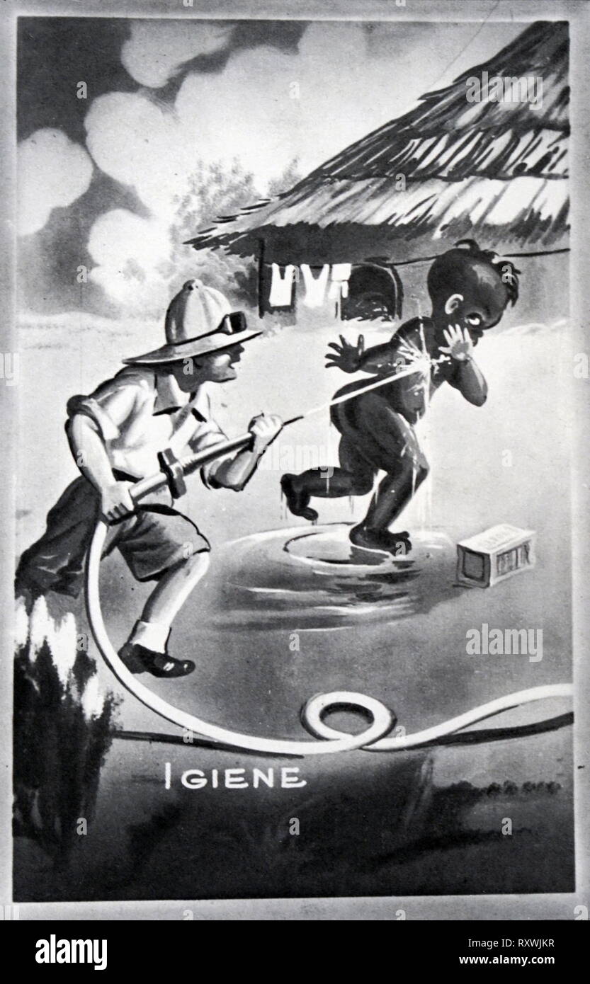 Rassistische italienischen faschistischen ära Poster, ein Afrikaner, der von einem italienischen kolonialen Beamten mit dem Wort Igiene (Hygiene), die angrenzenden gewaschen. Ca. 1936 Stockfoto