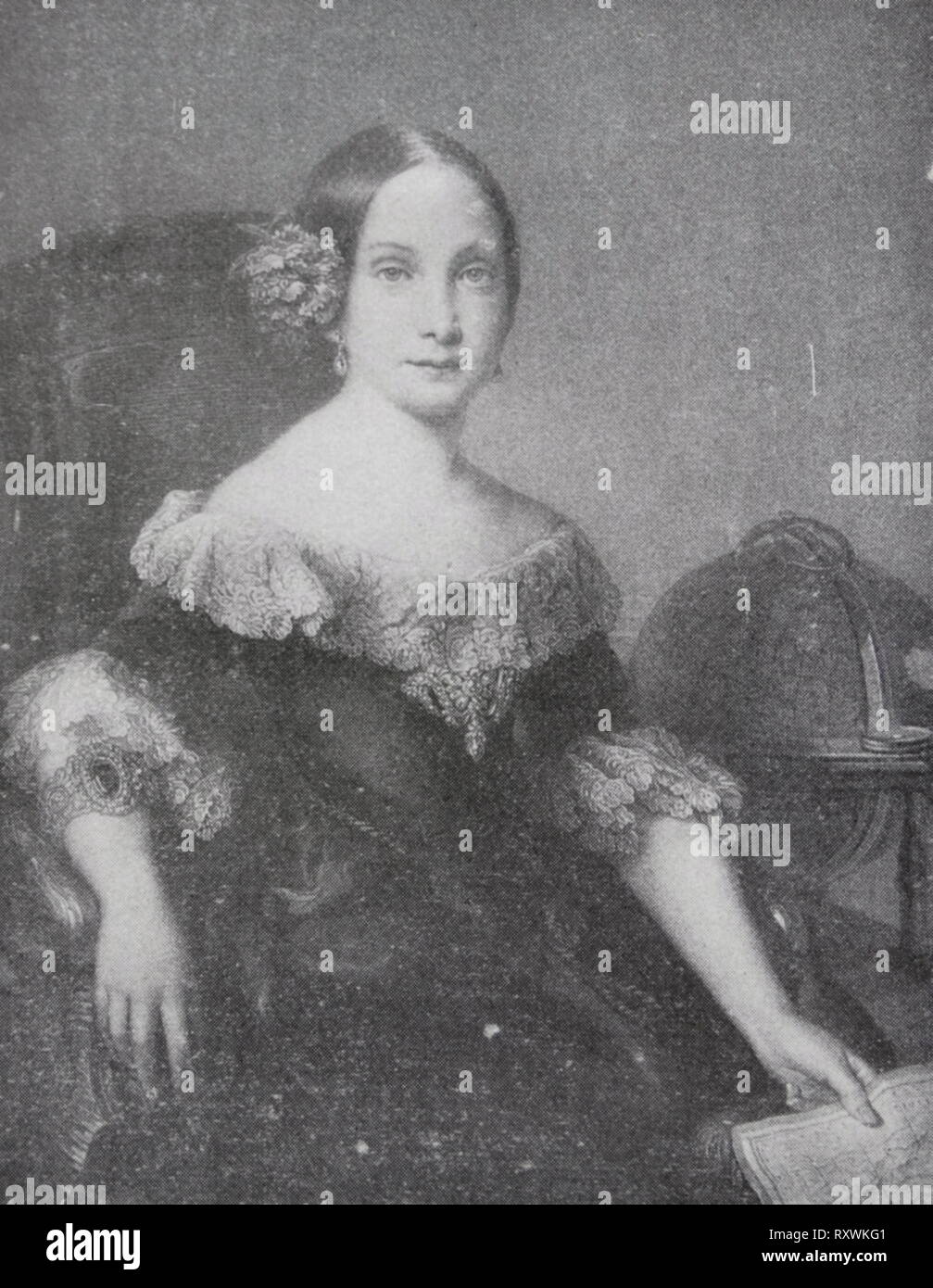 Isabel II in ihrer Jugend (1842). Seine Mehrheit hatte nicht verkündet wurde. Portrait von Vicente Lopez. Isabella II (1830-1904), Königin von Spanien von 1833 bis 1868. Sie kam auf den Thron als Säugling, aber ihre Nachfolge wurde von der Carlists, deren Verweigerung zu Erkennen einer weiblichen souverän führte zu der Karlistenkriege bestritten. Nach einer unruhigen Herrschaft, wurde sie in der Glorious Revolution von 1868 abgesetzt, und formell im Jahre 1870 abgedankt. Ihr Sohn, Alfonso XII, wurde König 1874 Stockfoto