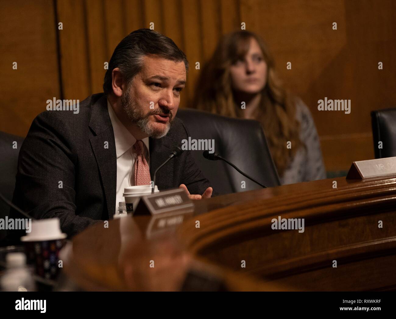 Der US-Senator Ted Cruz von Texas, Fragen, Zoll- und Grenzschutzbehörden Kommissar Kevin McAleenan während einer Anhörung im Senat Schiedsausschuss auf dem Capitol Hill März 5, 2019 in Washington, D.C. Die Anhörung wurde auf die Aufsicht der Zoll- und Grenzschutzbehörde Antwort auf den Schmuggel von Personen, die an der südlichen Grenze. Stockfoto