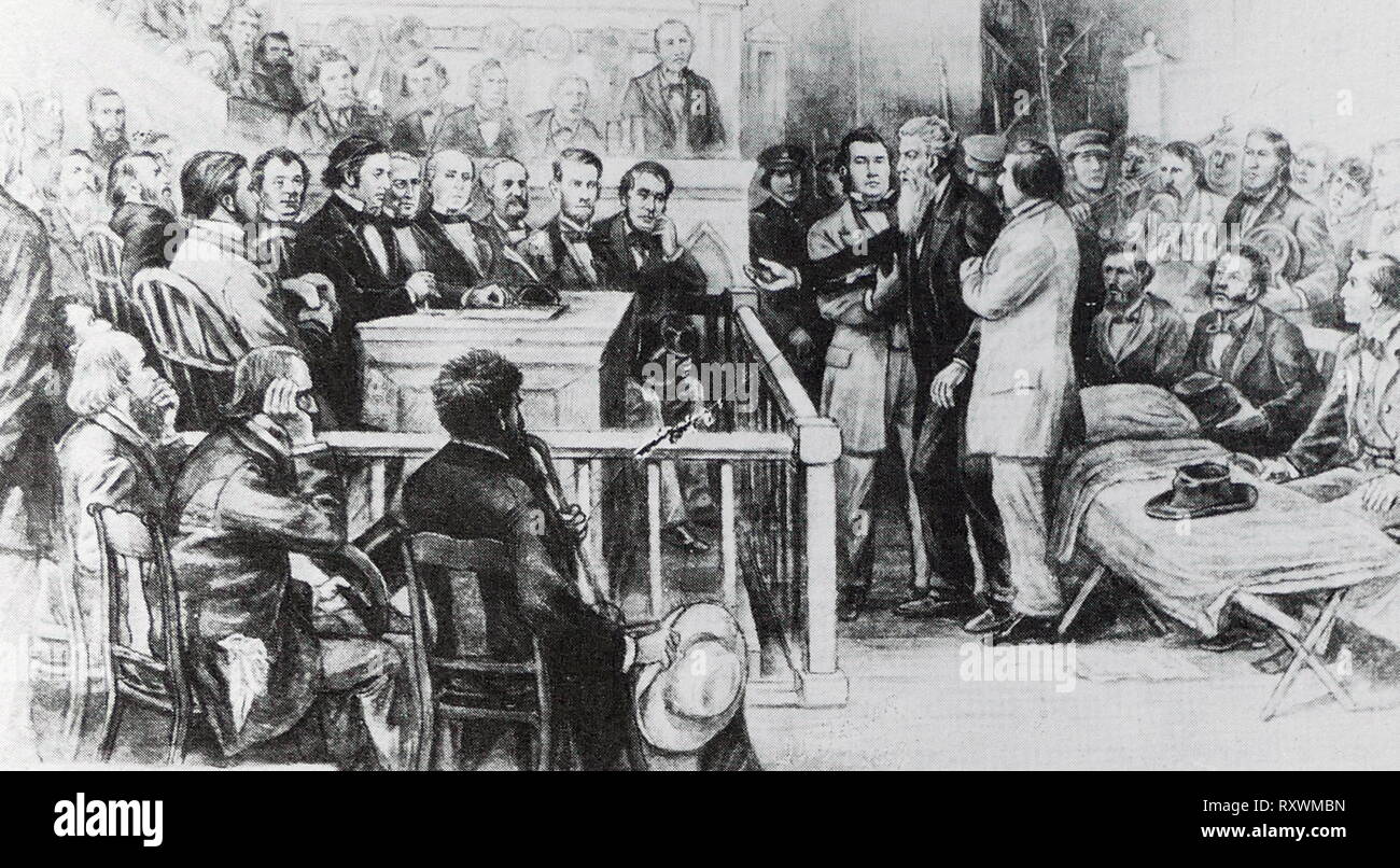 John Brown (9. Mai 1800 und 2. Dezember 1859) war ein US-amerikanischer Wahrheit, die geglaubt und befürwortete den bewaffneten Aufstand als die einzige Möglichkeit, die Institution der Sklaverei in den Vereinigten Staaten zu stürzen. Er erste Aufmerksamkeit, als er kleine Gruppen von Freiwilligen während der Entlüftung Kansas Krise von 1856 führte. Er wurde mit dem Pazifismus des organisierten Abschaffungsbewegung unzufrieden: "Diese Männer sind alle sprechen. Was wir brauchen, ist Action - Action!" im Mai 1856, Braun und seine Unterstützer fünf Anhänger der Sklaverei in den Potawatomie Massaker, die an der Plünderung von Lawrence von pro-slave reagierte getötet Stockfoto