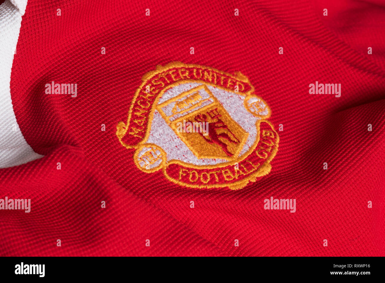 Nahaufnahme eines retro Manchester United Jersey. Stockfoto