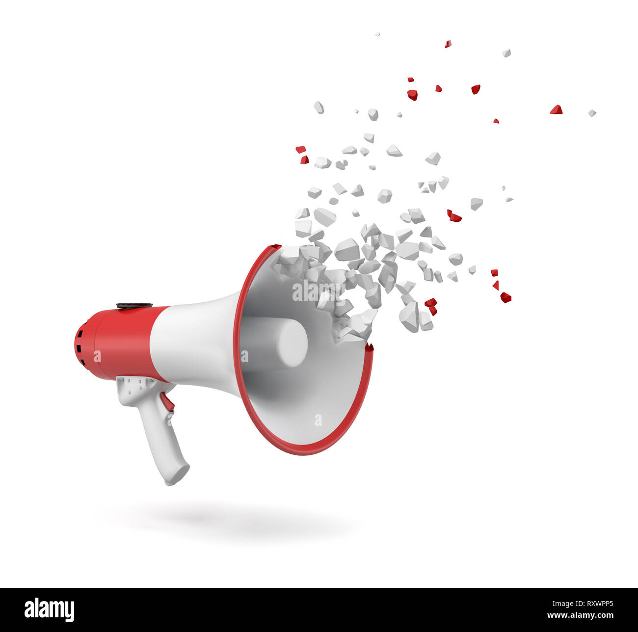3D-Rendering von einer roten und weißen Megaphon zerbrach in kleine Stücke auf weißem Hintergrund Stockfoto