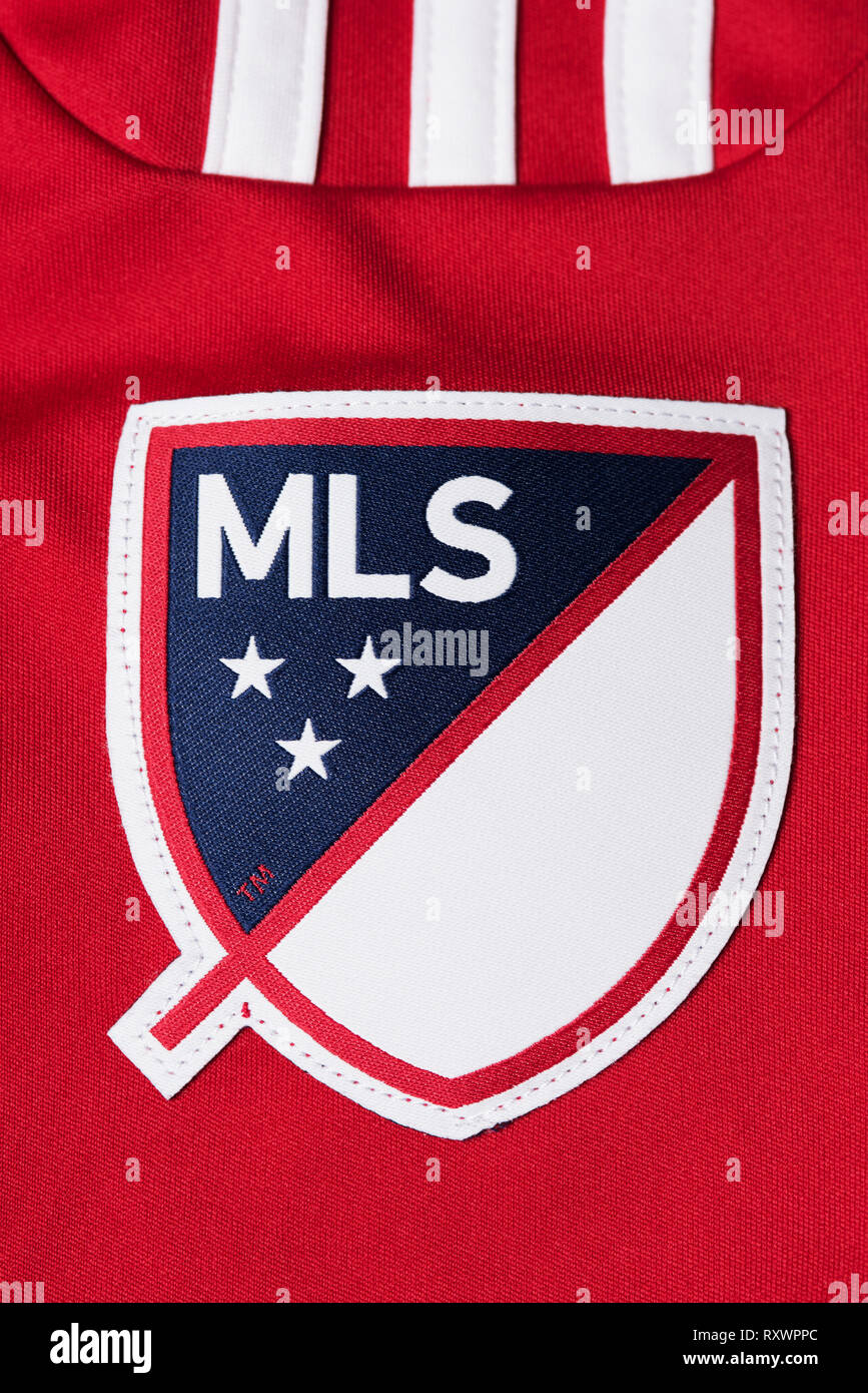 Nahaufnahme von MLS Abzeichen auf NYRB Jersey. Stockfoto