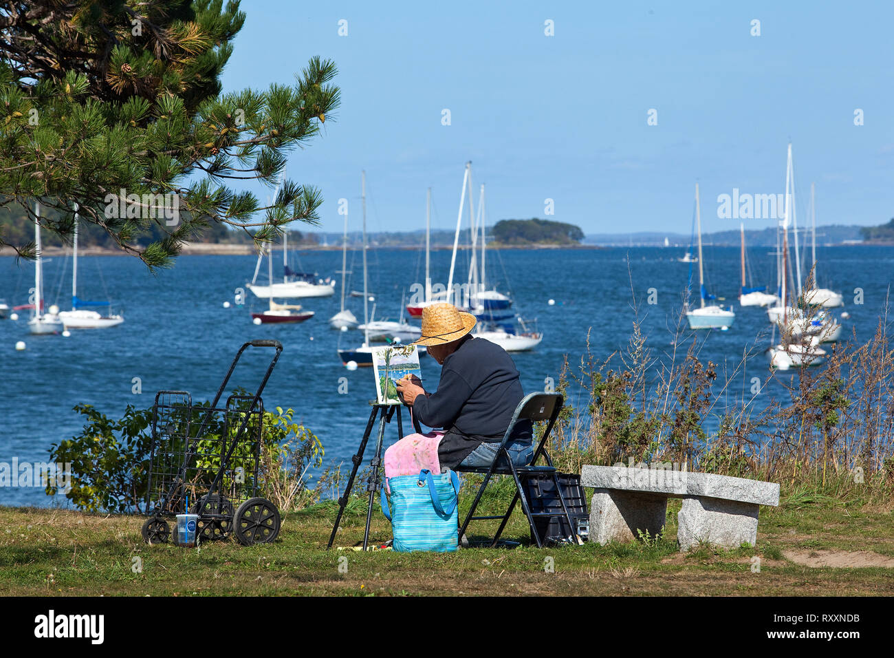 Älterer mann Gemälde auf Leinwand eine Szene von Casco Bay von der Östlichen Promenade Park in Portland, Maine, USA Stockfoto