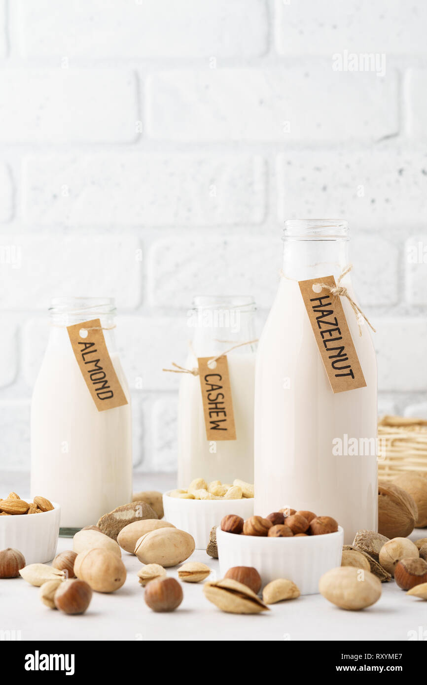Satz von verschiedenen Mutter Milch in Flaschen - Mandeln, Cashew, Haselnuss und Rohstoffe. Stockfoto
