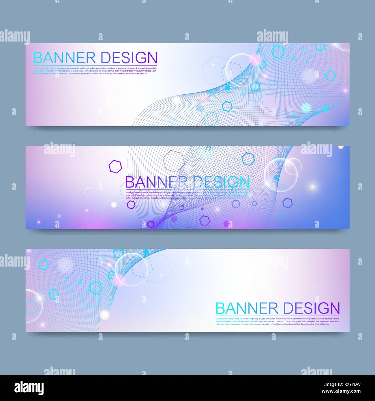 Abstrakte Moleküle Banner mit Linien, Punkte, Kreise, Polygone. Vektor Design Netzwerk kommunikation Hintergrund. Futuristische digitale Wissenschaft Stock Vektor