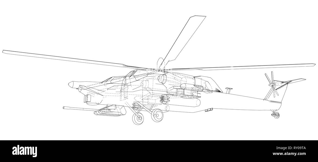 Zeichnung der Hubschrauber, Vektor Drahtmodell- Konzept. Erstellt Abbildung der 3d. Die Schichten des sichtbaren und unsichtbaren Linien getrennt sind. Stock Vektor