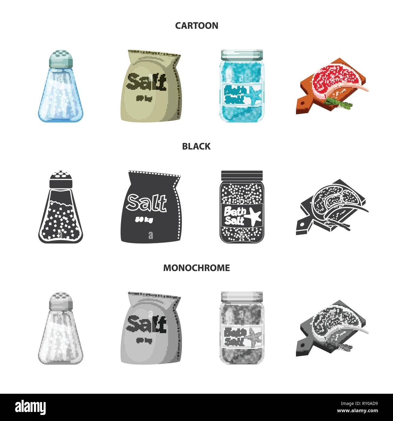 Salzfass, Tasche, Flasche, Fleisch, Gewürze, salzig, Brett, Badewanne, Glas, Pulver, Spa, Restaurant, weiße, Vintage, Streuen, Getreide, Mehl, Container, sauber, Picknick, kochen, Meer, Natur, Backen, Salz, Nahrungsmittel-, Natrium-, Mineral, Raw, Küche, Set, Vector, Icon, Illustration, isoliert, Sammlung, Design, Element, Grafik, Zeichen, Vektor, Vektoren, Stock Vektor