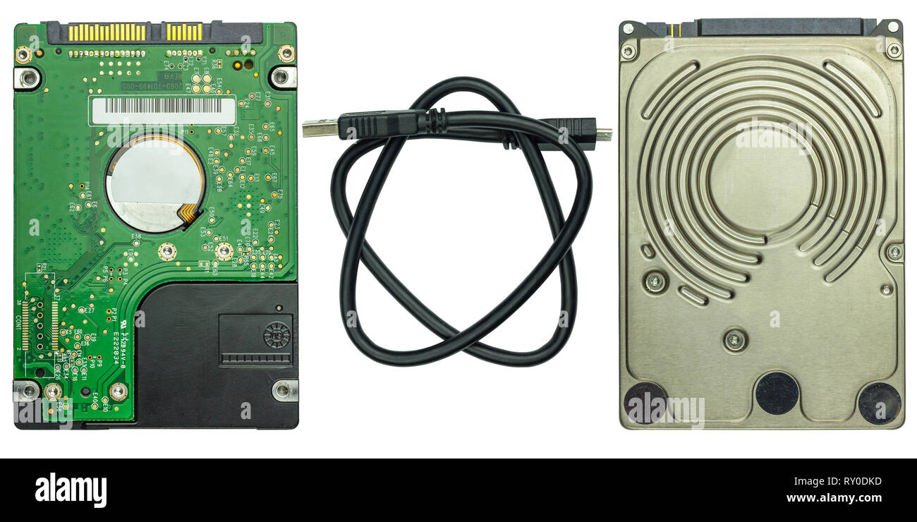 Nahaufnahme alten Laptop Festplatte mit externe Festplatte USB-Kabel auf den Hintergrund zu isolieren. Stockfoto
