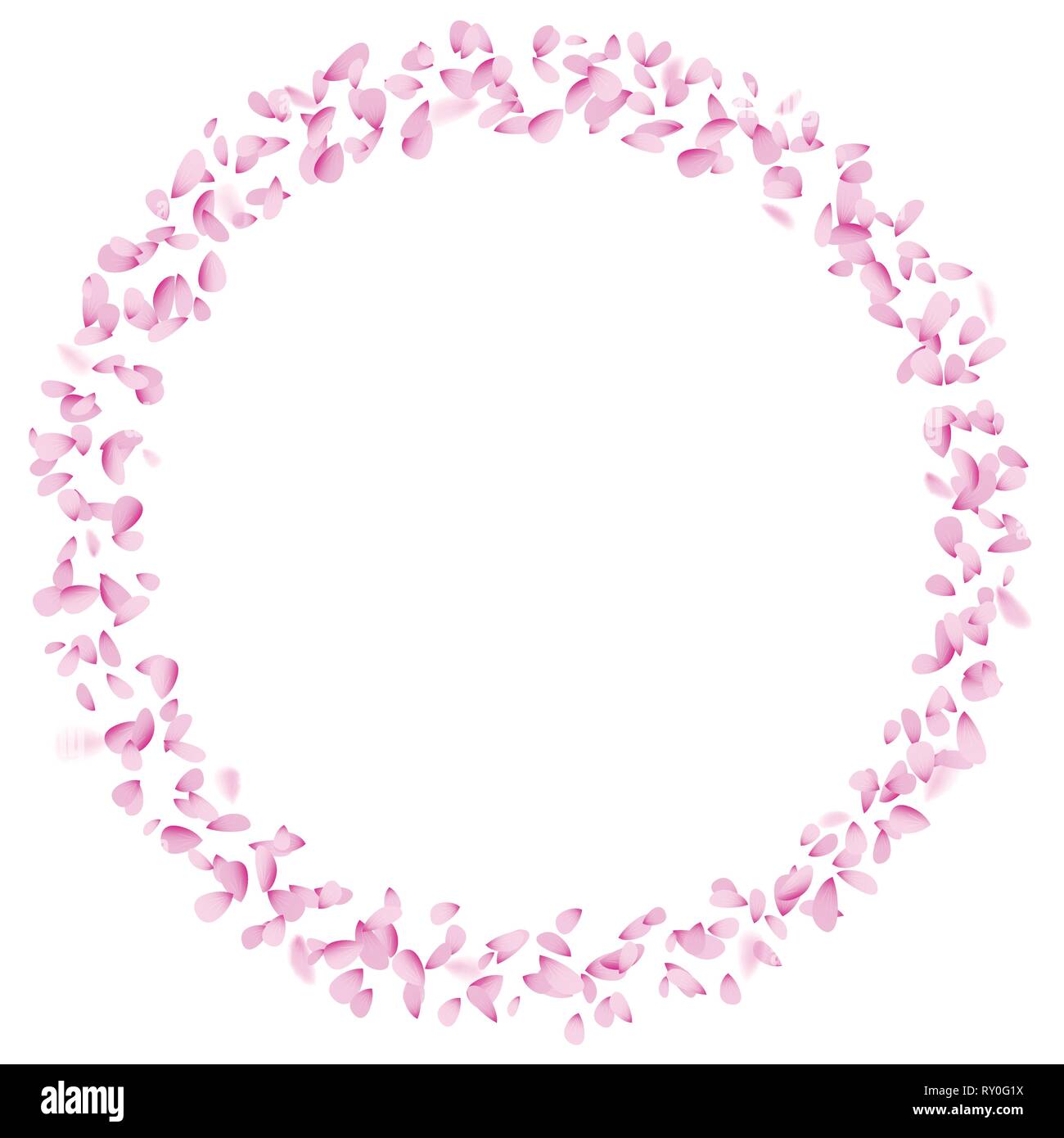 Blütenblatt Kreis Dekorationselement auf weißem Hintergrund isoliert. Soft pink flower Teile in den Wind in runder Form. Feder Banner oder Logo Design Stock Vektor