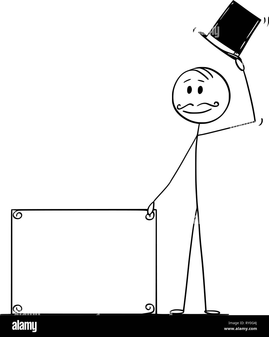 Cartoon von Mann oder Geschäftsmann oder Herr mit Schnurrbart, Retro Top Hat Holding leer Zeichen Stock Vektor