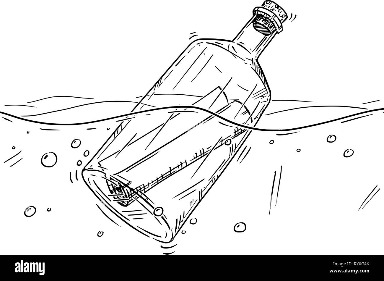 Cartoon Zeichnung der Botschaft in der Flasche Schwimmen im Ozean Stock Vektor