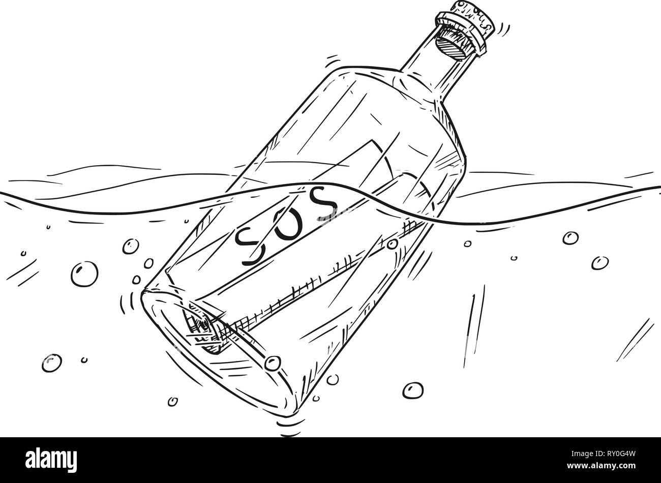 Cartoon Zeichnen von SOS-Nachricht in der Flasche Schwimmen im Ozean Stock Vektor