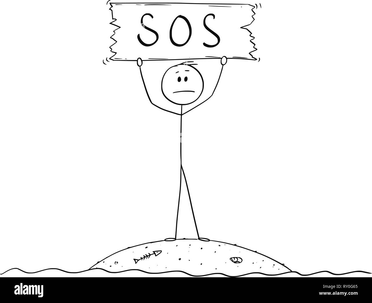 Cartoon von Castaway Mann auf der kleinen Insel Holding SOS-Zeichen Stock Vektor