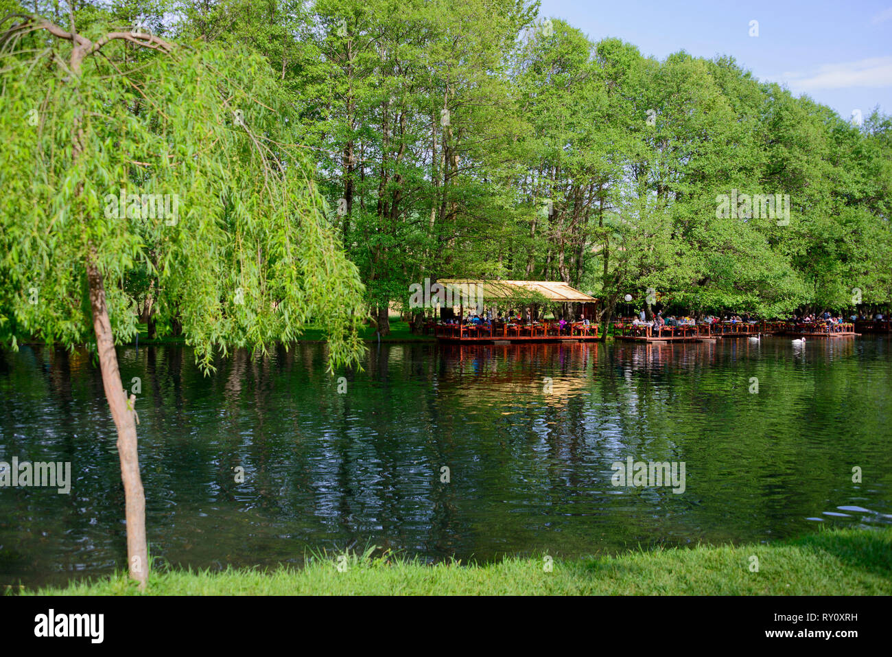 Restaurant am Seeufer, Tushemisht, Quellbereich des Ohridsees, Drilon National Park in der Nähe von Pogradec, Korca region, Albanien, Korça Stockfoto