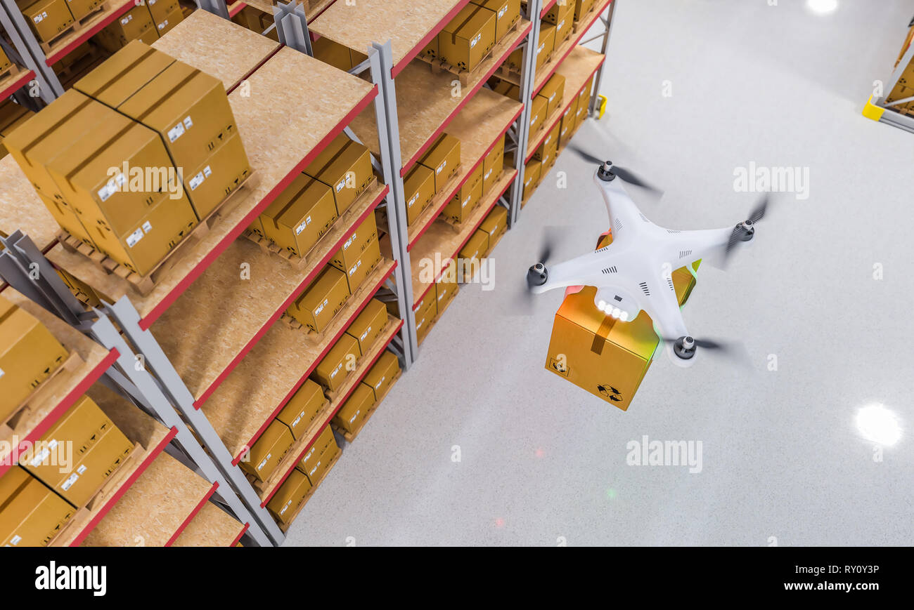 Drohnen Arbeiten im Lager 3D Rendering image Stockfoto