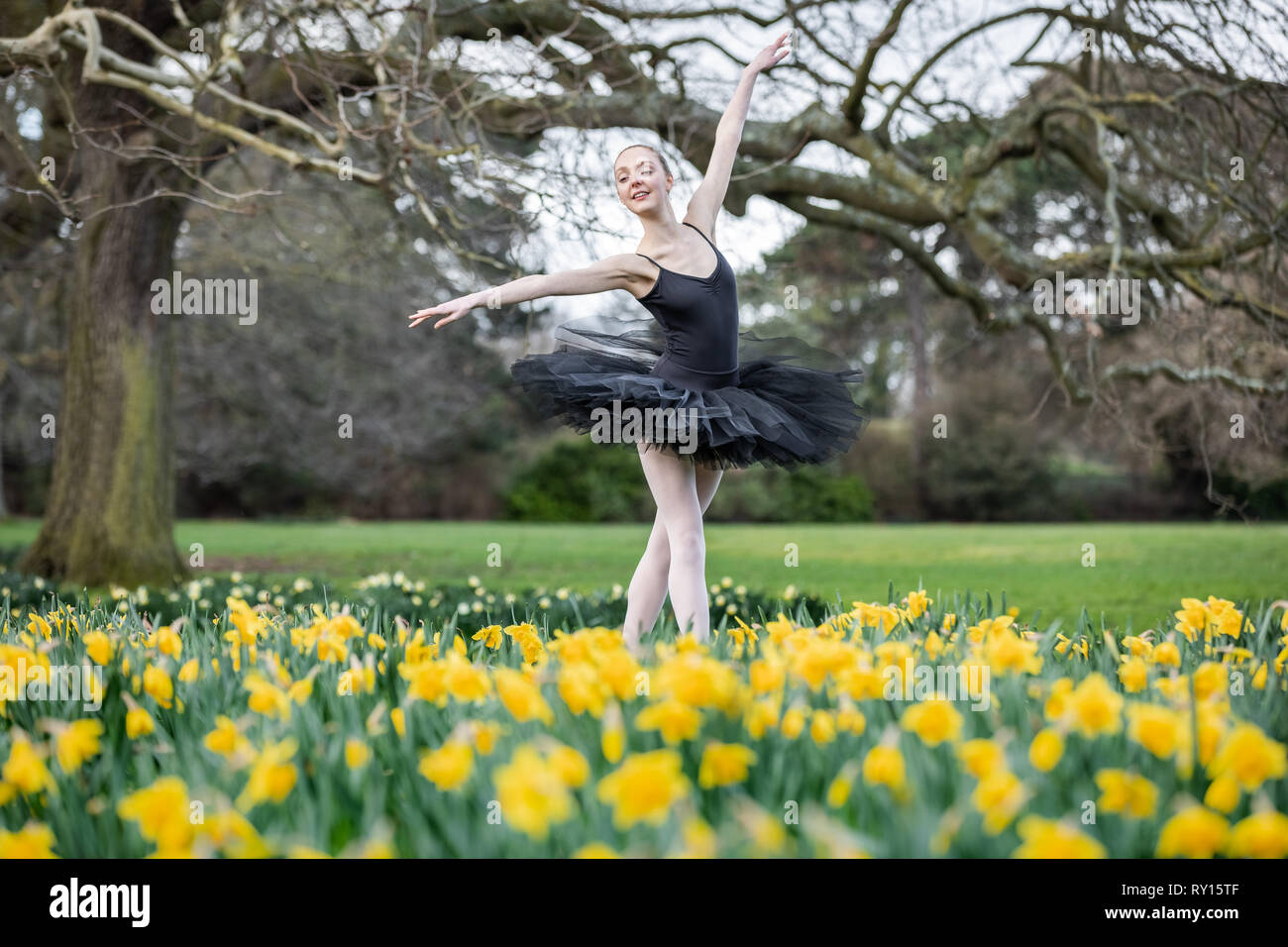 London, Großbritannien. 11. März, 2019. UK Wetter: Poppy Barnes, ein Tänzer mit Semaphore Ballet Company, führt im letzten Frühling Narzissen an einem sonnigen Montag Nachmittag in Greenwich. Credit: Guy Corbishley/Alamy leben Nachrichten Stockfoto