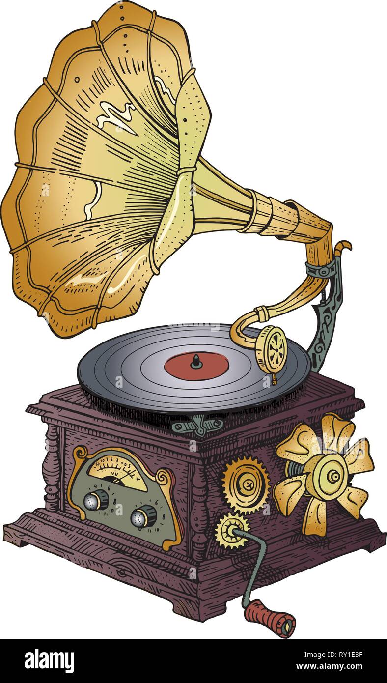 Fantasy groteske Vintage steampunk Stil gramophone. Hand Vector Illustration gezeichnet. Musik Festival, band Poster, t-shirt, Tattoo, Logo Design. Stock Vektor