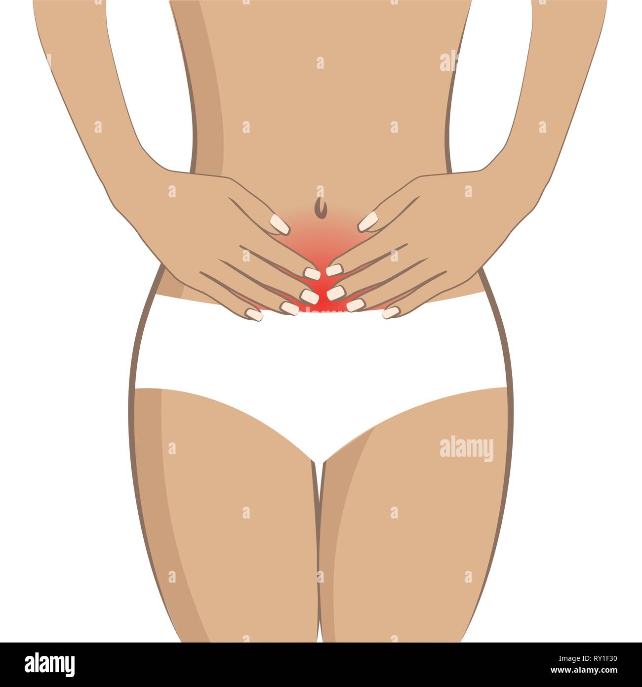 Junge Frau mit Bauchschmerzen auf weißem Hintergrund Vektor-illustration EPS 10 isoliert Stock Vektor