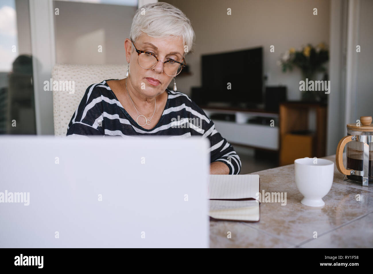 Reife Frau, schön Notizen zu machen, während auf Ihrem Laptop zu Hause arbeiten. Ältere Frau liest aus ihrem Laptop während Notizen zu machen Stockfoto
