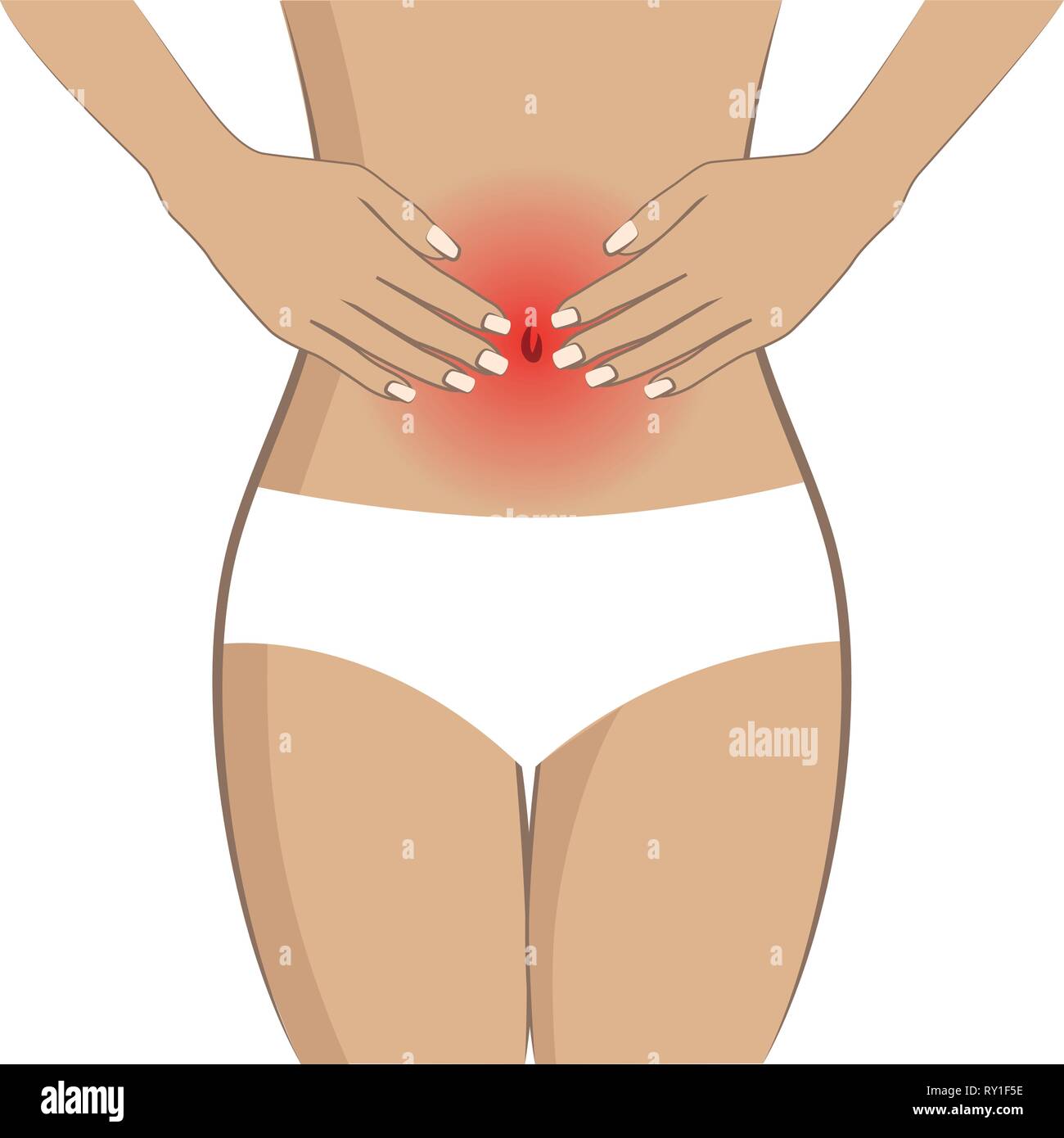 Junge Frau mit Magenschmerzen auf weißem Hintergrund Vektor-illustration EPS 10 isoliert Stock Vektor