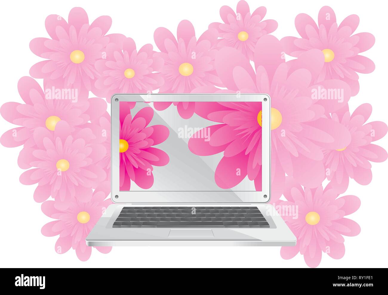 Einfache silber Laptop mit hellen Blumen, Vektor, Abbildung Stock Vektor
