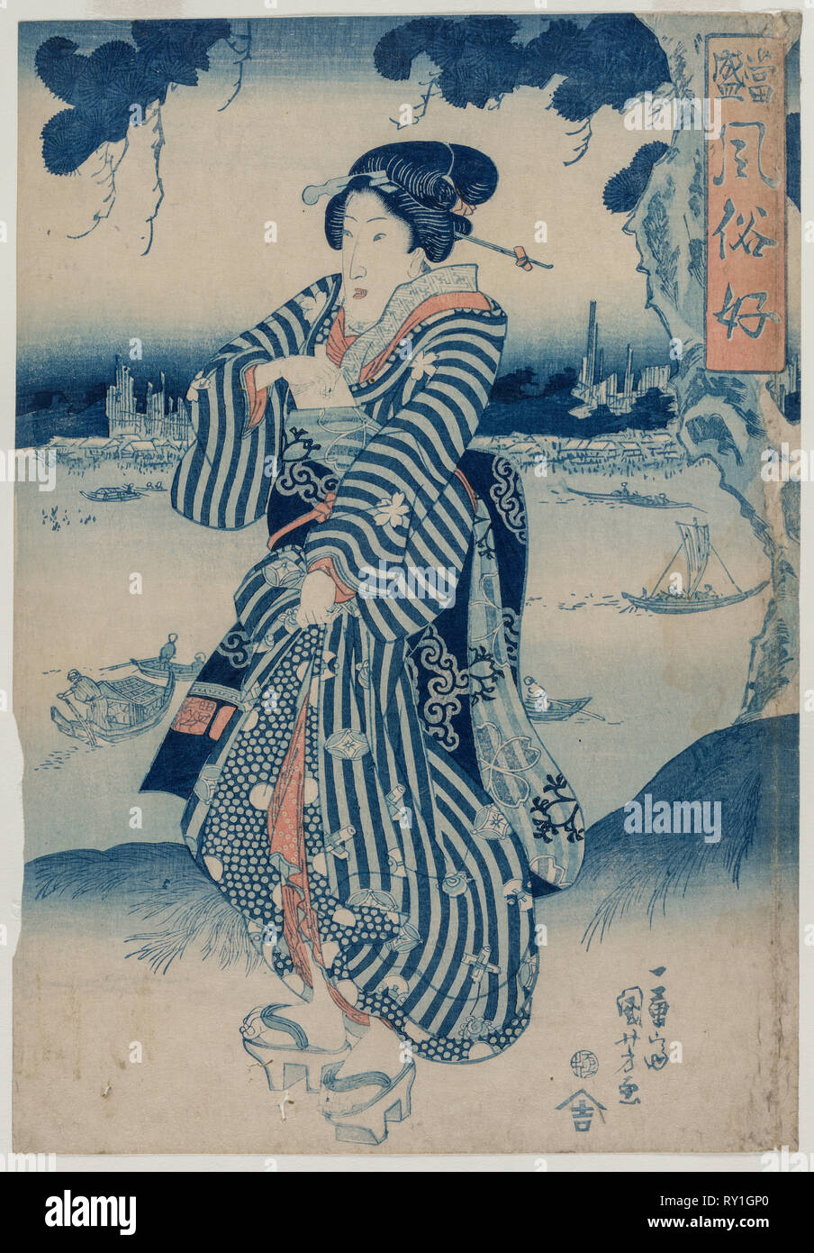 Geisha stehend auf der Bank der Sumida River (aus der Serie Menschen, die gerne die neuesten Moden und Sitten), Anfang der 1830er Jahre. Utagawa Kuniyoshi (Japanisch, 1797-1861). Farbe holzschnitt; Blatt: 37,4 x 26,1 cm (14 3/4 x 10 1/4 in Stockfoto
