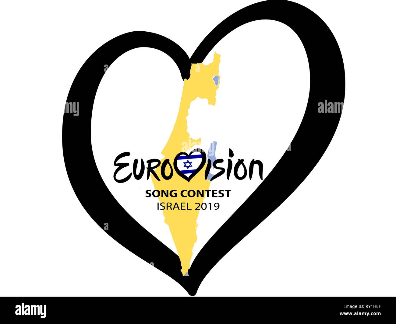 Eurovision Song Contest 2019 in Israel auf weißem Hintergrund. Song Contest. Musik Herz mit Schriftzug. Vector Illustration Stock Vektor