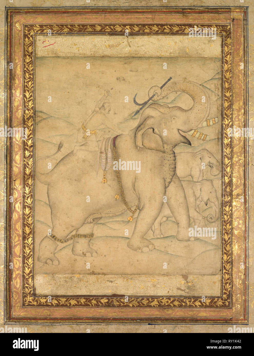 Portrait von Kaiser Jahangir Ritt auf einem Elefanten, der ersten Hälfte des 18. Indien, Mughal Dynasty (1526-1756). Zeichnung; Bild: 23,3 x 16 cm (9 3/16 x 6 5/16 in.); Insgesamt: 34,9 x 27,9 cm (13 3/4 x 11 in Stockfoto