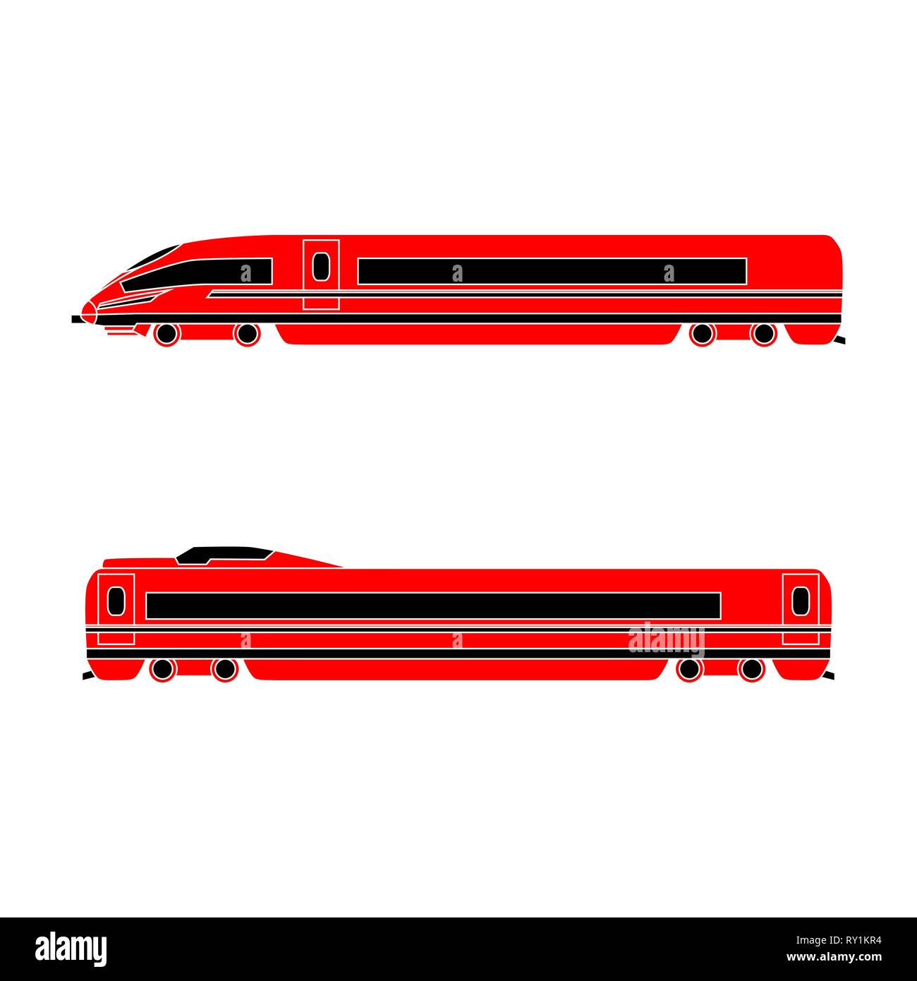 Vector Illustration einer Lokomotive und einem Pkw Hochgeschwindigkeitszug auf einem weißen Hintergrund. Flat Style. Von der Seite. Stock Vektor