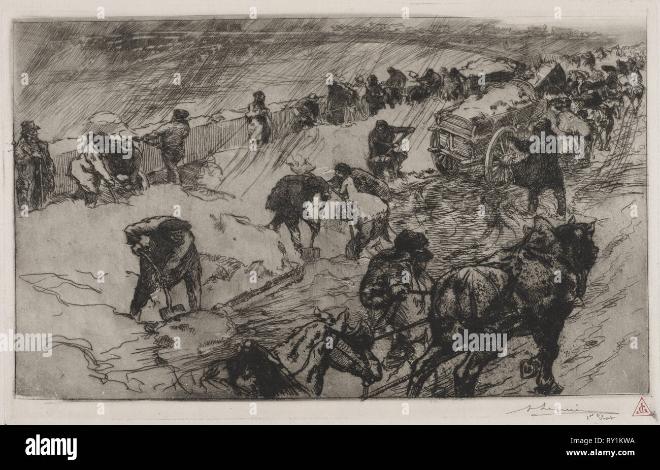 Bekämpfung contre la Neige, Quai aux Fleurs, 1890. Louis Auguste Lepère (Französisch, 1849-1918). Ätzen Stockfoto