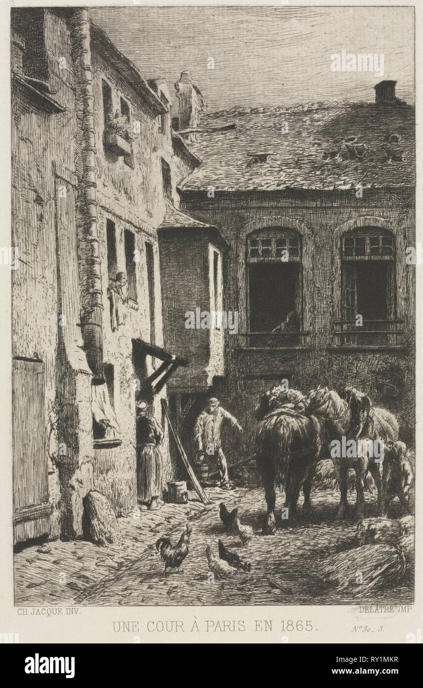 Une Cour à Paris, 1865. Charles-Émile Jacque (Französisch, 1813-1894). Ätzen Stockfoto