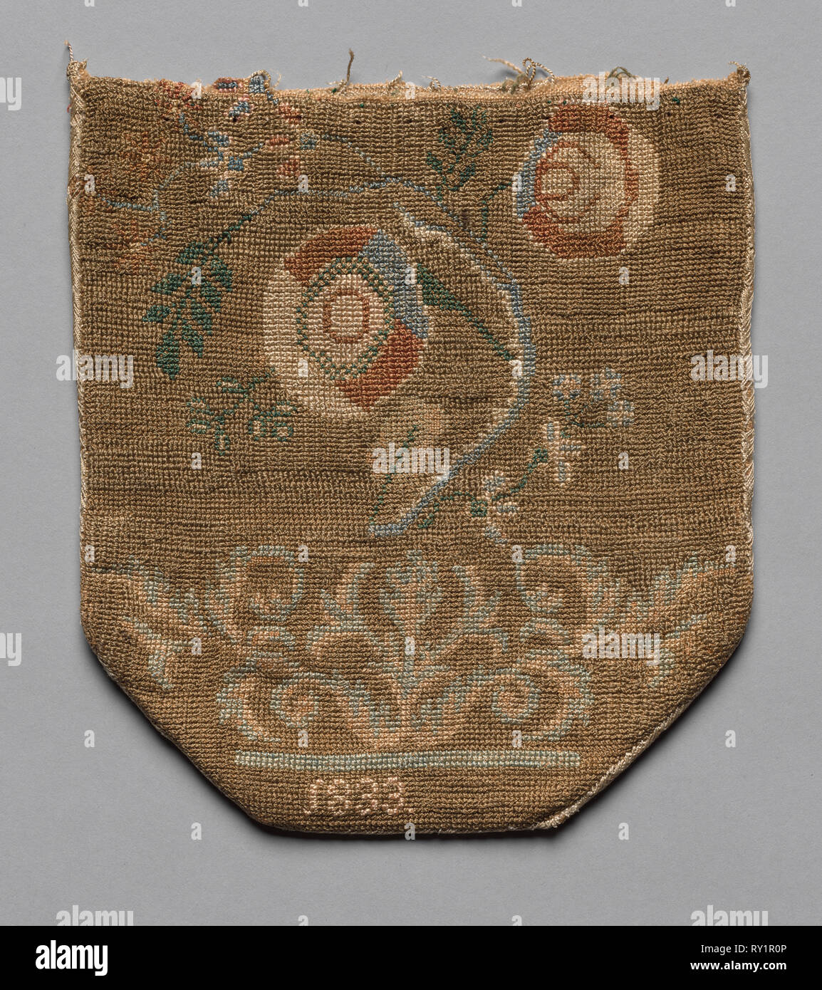 Bestickte Tasche, 1833. Amerika, erste Hälfte 19. Jahrhundert. Stickereien, Seide; Durchschnitt: 19,1 x 17,2 cm (7 1/2 x 6 3/4 in Stockfoto