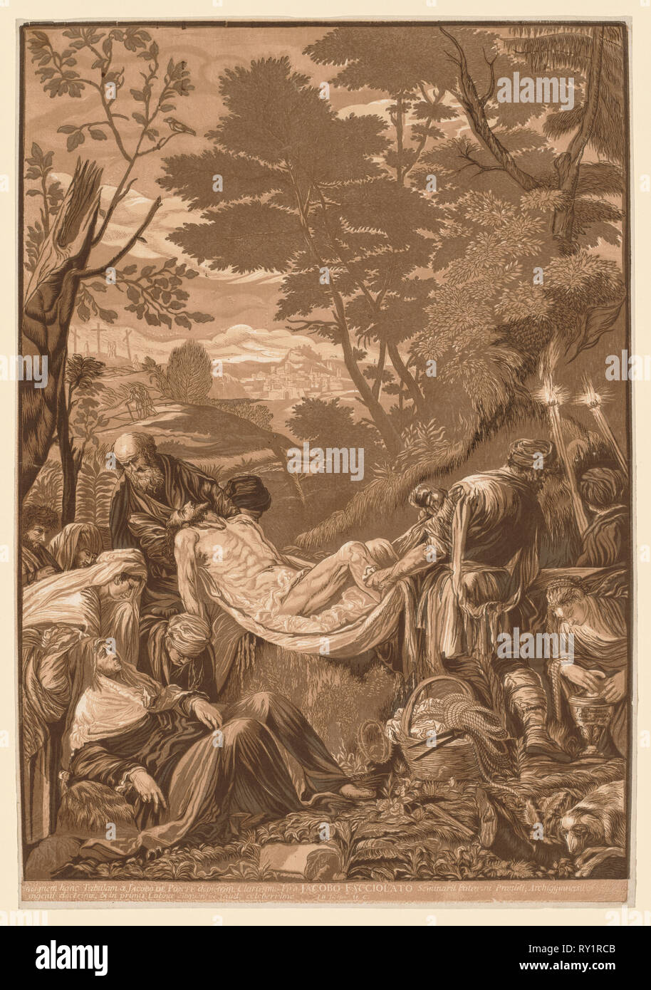 Venezianische eingestellt: Grablegung Christi, 1739-43. John Baptist Jackson (British, 1701 - C. 1780). Chiaroscuro Holzschnitt Stockfoto