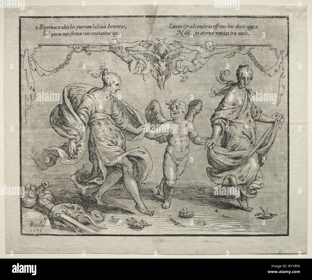 Amor tanzen mit zwei allegorische Frauen, 1612. Paulus Moreelse (Niederländisch, 1571-1638). Chiaroscuro Holzschnitt Stockfoto