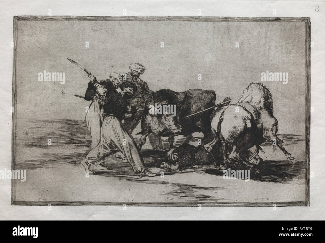 Stierkämpfe: die Mauren in Spanien, auf den Aberglauben der Koran, hat diese Kunst der Jagd, und Speer ein Stier in die Offene, 1876. Francisco de Goya (Spanisch, 1746-1828). Gravur Stockfoto