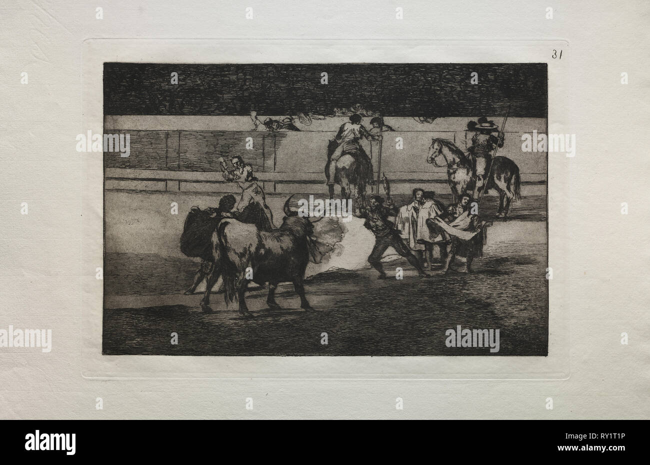 Stierkämpfe: Banderilla-spiemit Böller, 1876. Francisco de Goya (Spanisch, 1746-1828). Gravur Stockfoto