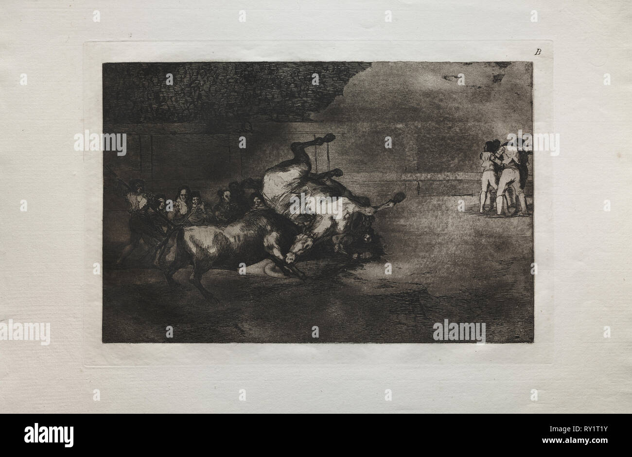 Stierkämpfe: ein Pferd geworfen durch den Stier, 1876. Francisco de Goya (Spanisch, 1746-1828). Gravur Stockfoto