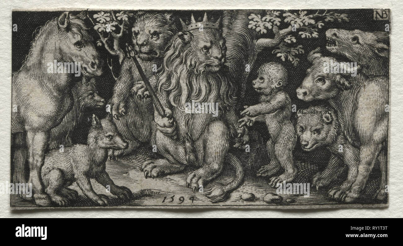 Kampf gegen die Chimären und Szenen zu Aesops Fabeln: Der König der Tiere, 1594. Nicolaes de Bruyn (Niederländischen, 1571-1656), A. van Londerseel. Gravur; Blatt: 3,2 x 6,1 cm (1 1/4 x 2 3/8 Zoll Stockfoto