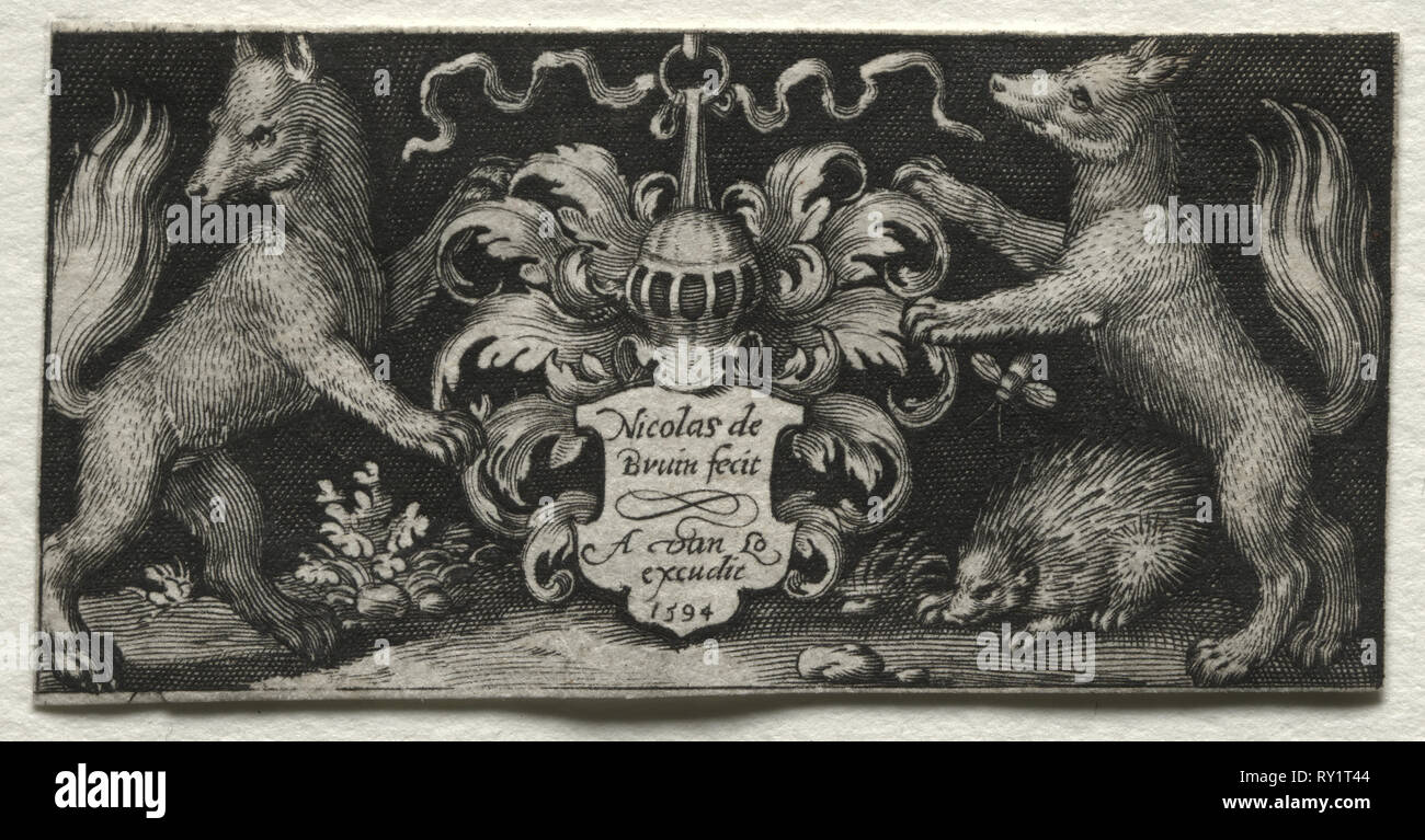 Kampf gegen die Chimären und Szenen zu Aesops Fabeln: Wappen, 1594. Nicolaes de Bruyn (Niederländischen, 1571-1656), A. van Londerseel. Gravur; Blatt: 3 x 6 cm (1 1/4 x 2 3/8 Zoll Stockfoto