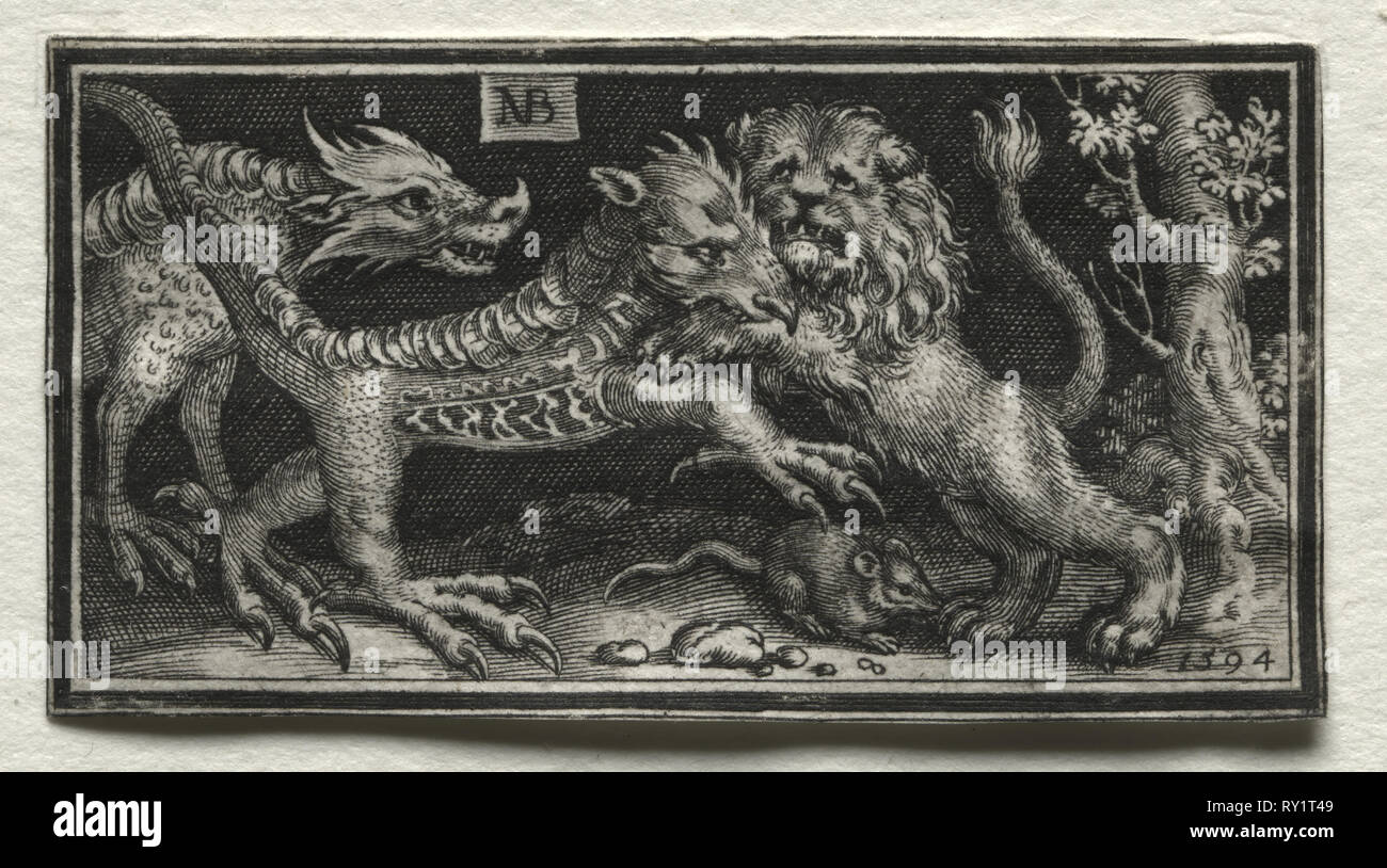 Kampf gegen die Chimären und Szenen zu Aesops Fabeln: Löwen kämpfen zwei Tiere, 1594. Nicolaes de Bruyn (Niederländischen, 1571-1656), A. van Londerseel. Gravur; Blatt: 3,1 x 5,8 cm (1 1/4 x 2 5/16 Zoll Stockfoto
