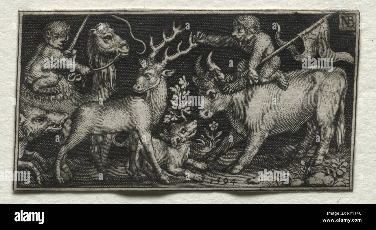 Kampf gegen die Chimären und Szenen zu Aesops Fabeln: Affen auf einem Kamel reiten und ein Stier, 1594. Nicolaes de Bruyn (Niederländischen, 1571-1656), A. van Londerseel. Gravur; Blatt: 3,1 x 5,7 cm (1 1/4 x 2 1/4 in Stockfoto