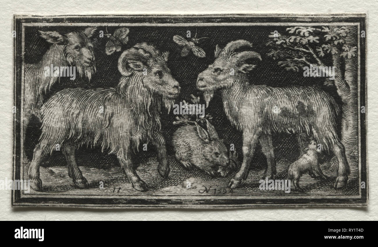 Kampf gegen die Chimären und Szenen zu Aesops Fabeln: Ziegen und Hasen, 1594. Nicolaes de Bruyn (Niederländischen, 1571-1656), A. van Londerseel. Gravur; Blatt: 3,1 x 5,7 cm (1 1/4 x 2 1/4 in Stockfoto