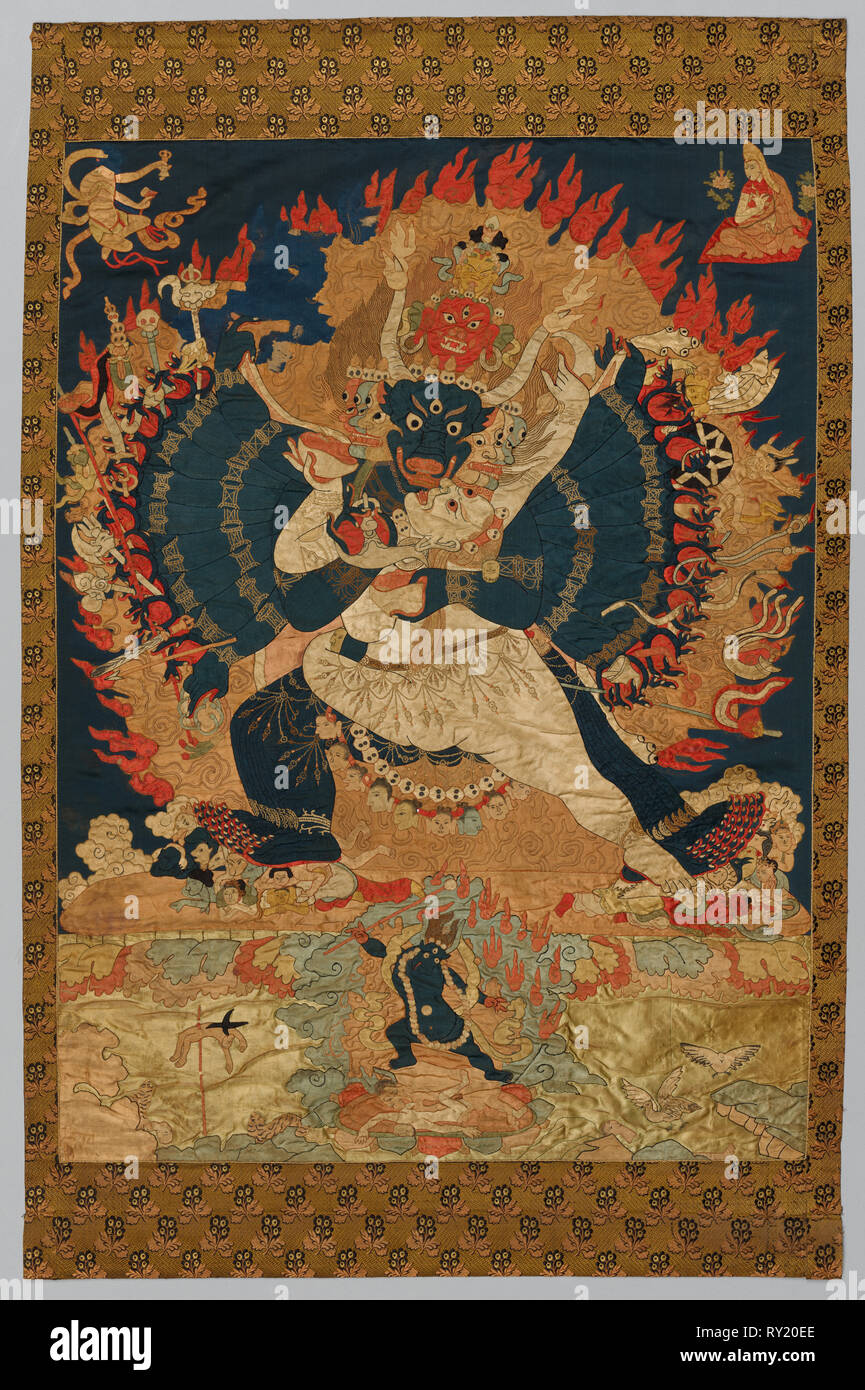 Stickerei: Yama und Gefährtin, 18. bis 19. Jahrhundert. Tibet, 18. bis 19. Jahrhundert. Stickereien, Seide; Insgesamt: 90,2 x 66 cm (35 1/2 x 26 in Stockfoto