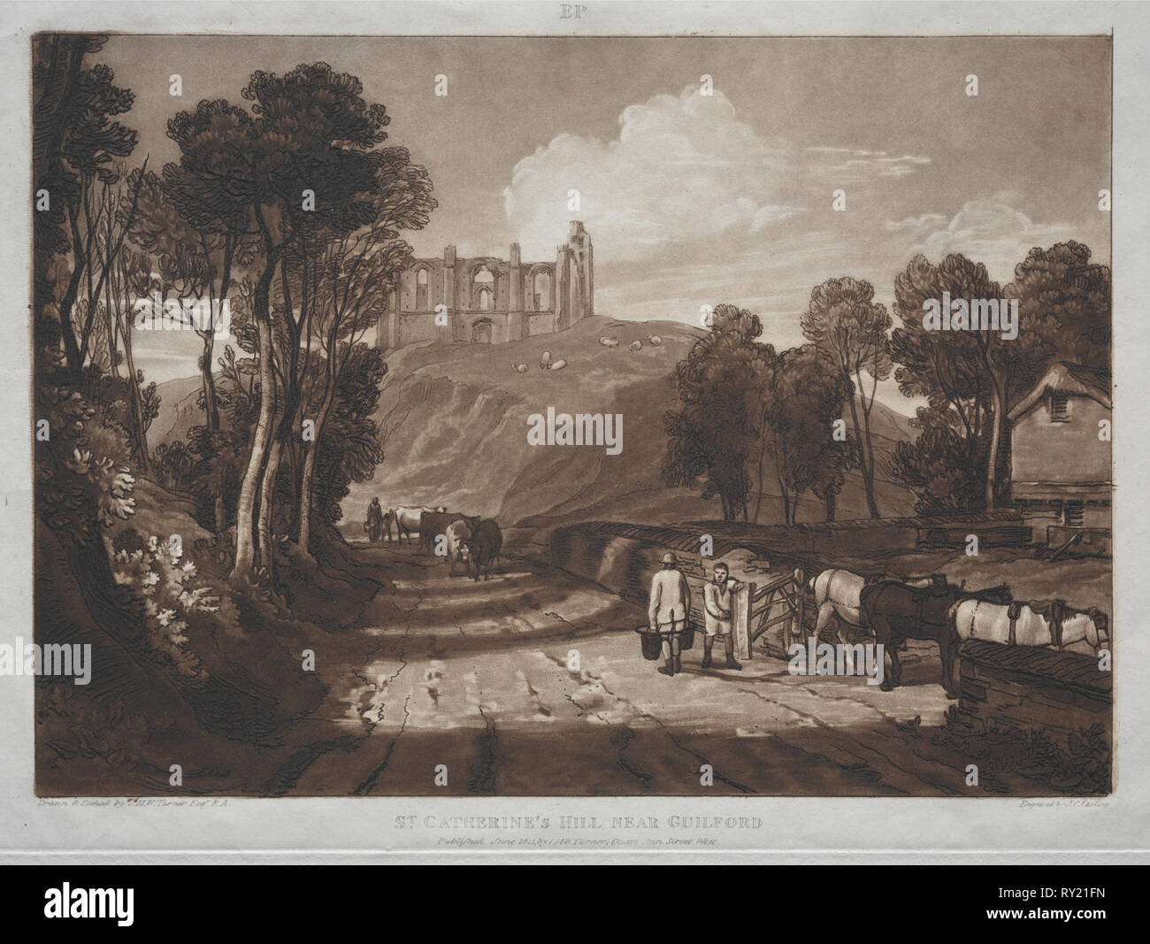 Liber Studiorum: St. Catherine's Hill, in der Nähe von Guilford. Joseph Mallord William Turner (British, 1775-1851). Ätzen und schabkunst Stockfoto